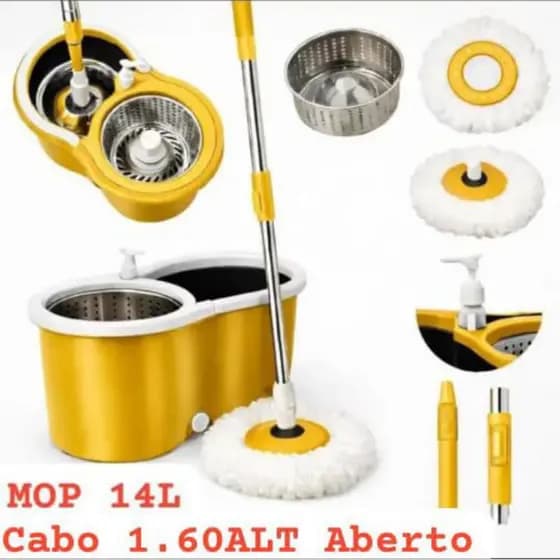 Mop Giratório Extra Grande 14 Litros Cesto inox, Completo, Cabo 1.60 Maior da Categoria