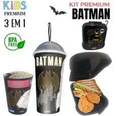 Copo 320ML Batman + Copo Shake 500ML Batman + Sanduicheira Batman BPA FREE