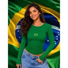 Blusinha Baby Look Brasil verde manga longa copa 2026
