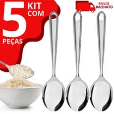 Kit 5 Colher Para Servir Arroz Grande Cabo Longo Aço Inox 25CM Para Cozinha e Restaurantes