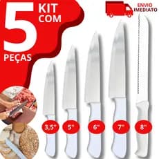 Kit 5 Faca De Cozinha Inox Peixeira Do Chef Com Cabo Branco 8' 7' 6' 5' 3,5' Polegadas Profissional