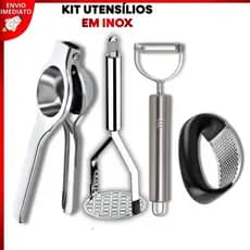 Kit Utensílios Inox Amassador de Batata Espremedor de Limão e Alho Descascador de Legumes