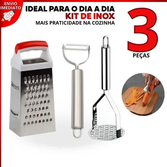 Kit 3 Utensílios Inox Amassador de Batata, Descascador e Ralador 4 Faces para Legumes Cozinha