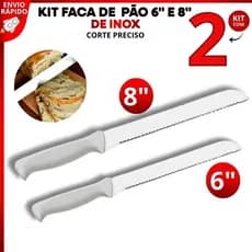 Kit 2 Faca Para Pão 6" e 8" Aço Inox Profissional Serrilhada para Cortar Pães e Bolo Cozinha