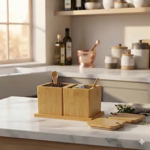 Porta Temperos Duplo Em Bambu Com Colheres Saleiro Açucareiro Organizador De Cozinha Decorativo Cozinha Decorada Charme.