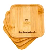 Porta Copos Descanso de Bambu Café Decoração Mesa Cozinha Cantinho Café Com Frase