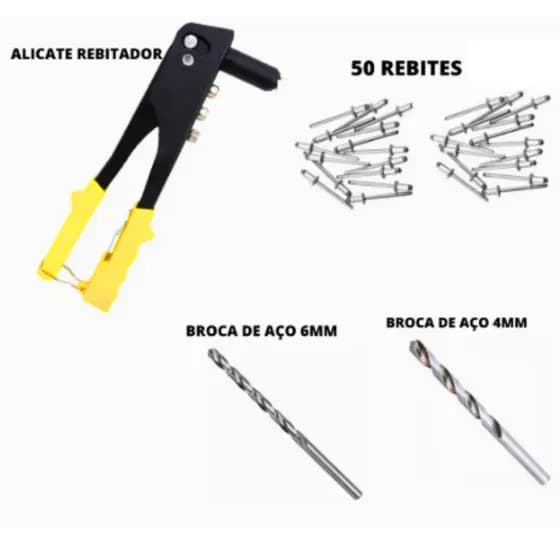 KIT Alicate Rebitador - Rebitadeira 4 Bicos + 50 Rebites + Broca De Aço 4mm MTX + Broca De Aço 6mm MTX