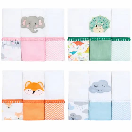 Fralda de Boca Kit 3 Paninho Bordado com Bichinho 100% Algodão 30cm x 35cm Bebê Menino e Menina