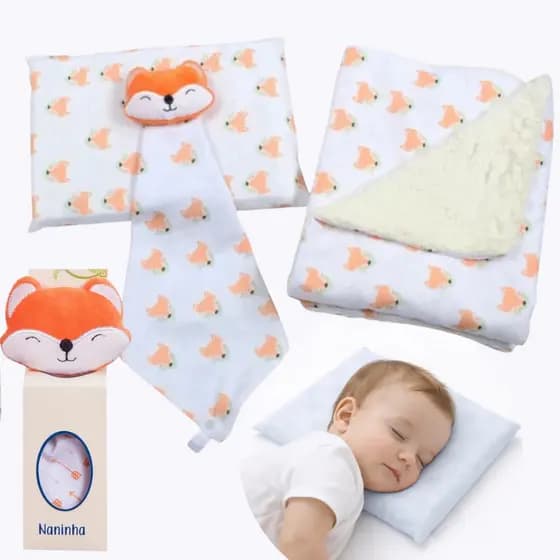 Kit Enxoval Bebê Manta Sherpa + Naninha + Travesseiro Antissufocante com Fronha