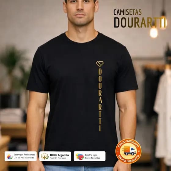 Camiseta Masculina Preta 100% Algodão Dia Dia Toque Macio Premium Dourartti Confortável Qualidade
