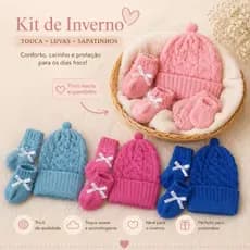 Kit Tricô Bebê Recém Nascido Com Touca Barra Dobrada, Luvas e Sapatinhos
