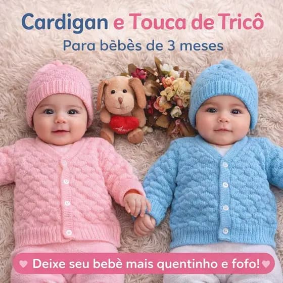 Casaquinho+Touca Barra Dobrada Tricô Bebê Recém Nascido