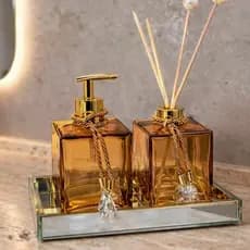 Kit Lavabo Vidro Âmbar Requintado Difusor Varetas Saboneteira Bandeja Luxo Decor Apartamento