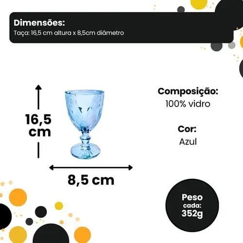 Conjunto 6 Taças Vidro Azul Cristalocas 330ml Elegância Durabilidade Uso Festas