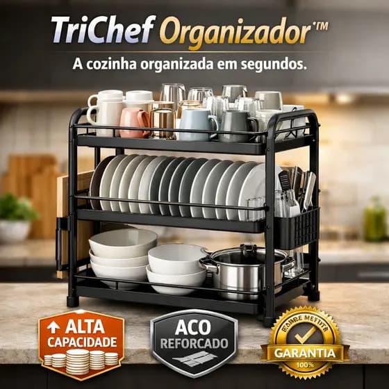 Escorredor de Louça 3 Andares Aço Carbono Grande Capacidade TriChef Organizador Cozinha Compacta