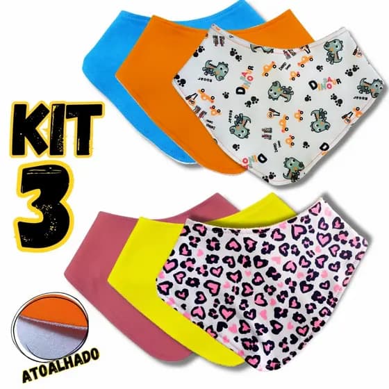 Kit 3 Babadores Bandana Atoalhado Bebê Algodão Babador com Botões 2 Regulagens