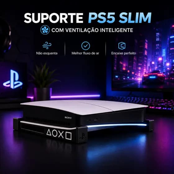 Suporte PS5 Slim Horizontal + Suporte Controle | Setup Gamer Antiaquecimento Ventilação | Premium 3D