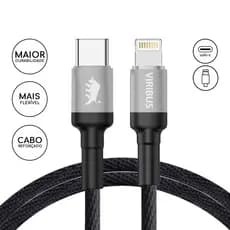 Cabo PD Premium Ultra Reforçado em Nylon de 1,5m Viribus Tipo C para Lightning 5V/2.4A - Preto