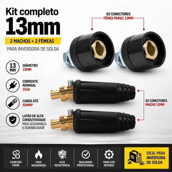 Conector Inversora De Solda 13mm Kit 2 Machos 2 Fêmeas