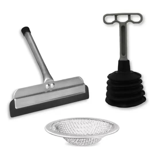Kit Cozinha 3 peças -   Ralinho de pia, Desentupidor de pia,  Rodinho de pia em alumínio