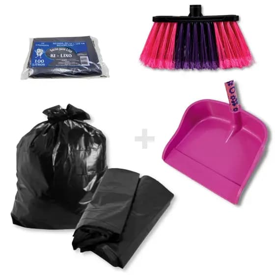 Kit Limpeza Vassoura Nylon S/ Cabo + Pá Cabo Longo Plástico Rosa e Saco De Lixo Resistente 100L