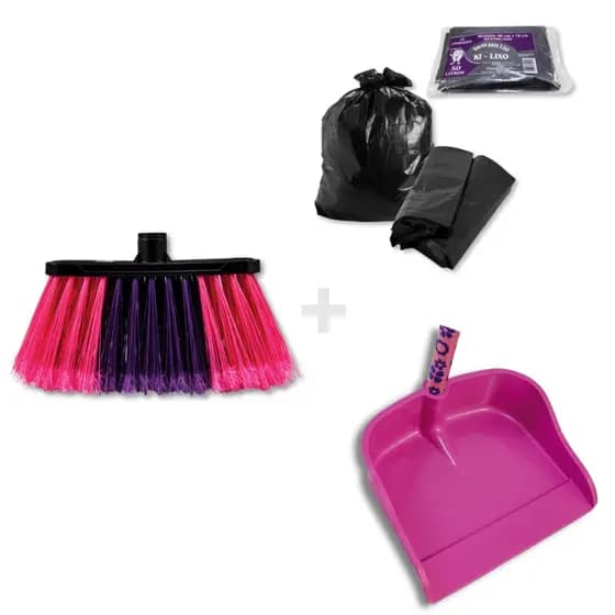 Vassoura Nylon S/ Cabo kit rosa Pa de Lixo Cabo Longo e Saco De Lixo Reforçado 50 Litros