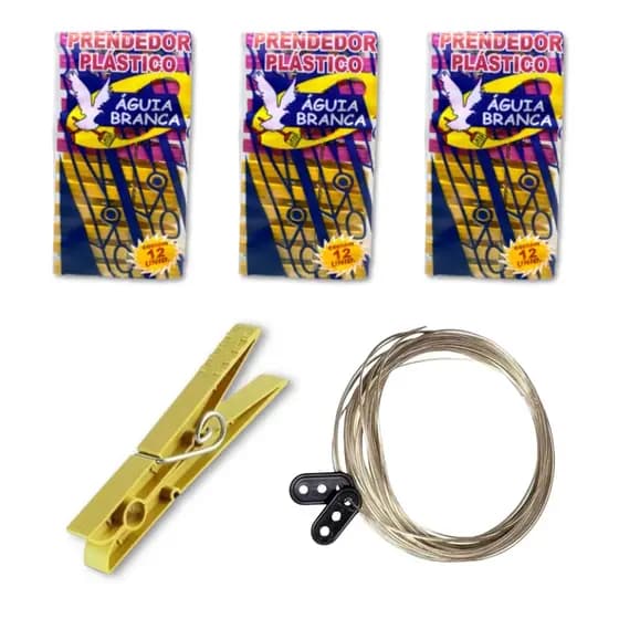 36 Prendedor Plástico Pregador Roupa + Varal Aço Encapado