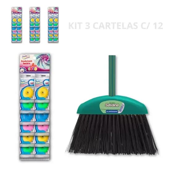 Kit 3 Cartelas Pedra Sanitaria C/ 12un + Vassoura S/ Cabo
