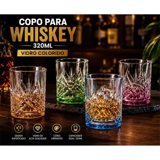 Jogo De 4 Copos Whiskey Vidro Cor Neon Luxo