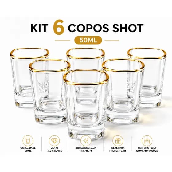 Jogo 6 Copos Para Shot Vidro Borda Ouro Luxo 50ml Pinga Cachaça Tequila