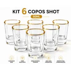 Jogo 6 Copos Para Shot Vidro Borda Ouro Luxo 50ml Pinga Cachaça Tequila