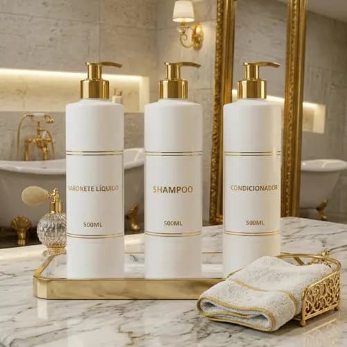 Kit Banheiro Lavabo 3 Frascos 500ml Porta Shampoo E Sabonete Branco Luxo