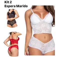 Kit 2 conjunto renda espera marido feminino com forro promoção