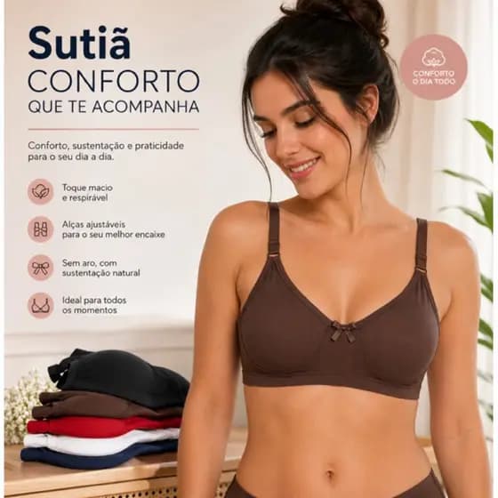 Sutiã Conforto Extremo Sem Bojo Sem Aro Alta Sustentação Alças Reforçadas Modela e Não Marca