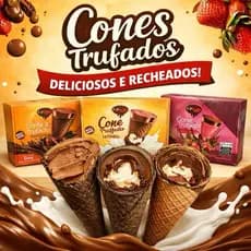 Cone Trufado Top Trufas – Caixa 900g (15 unidades de 60g) Sabores: Tradicional, Creme de Avelã, Leitinho e Tentação