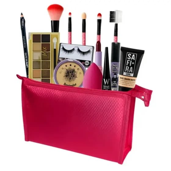 Kit de Maquiagem Pó, Demaquilante, Iluminador, Blush, Rímel, Batom e Necessaire