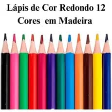Kit Lápis de Cor 12 Cores Grande Redondo em Madeira - lapis