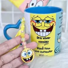 Caneca personalizada Bob Esponja "Pra viver comigo" - Acompanha saquinho de tecido e pingente