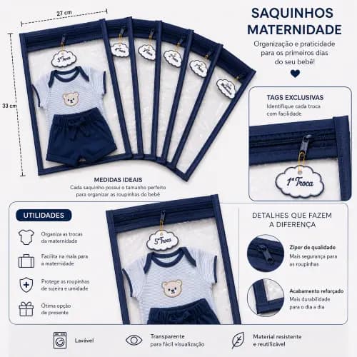 6 Saquinho Maternidade Organizador Viagem Mala Bebê  + 6 TAG MALA/VIAGEM/ROUPA SECA/ROUPA LIMPA