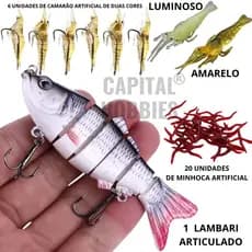 Kit 27 Iscas artificiais Lambari articulado, camarão em duas cores com anzol e minhoca