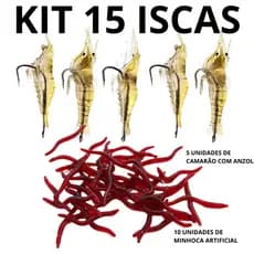 Isca artificial kit 15 unidades 5 camarões com anzol e 10 minhocas pesca Tucunaré, Corvina,  Traíra, tilápia, mandi