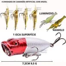 kit 5 peças Isca artificial pesca 7,2cm popper superfície e camarão aromatizado com anzol  traíra dourado tucunaré