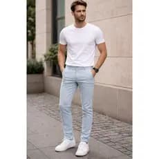 Calça Masculina Slim Fit Azul Claro Sarja Casual Social Moderna