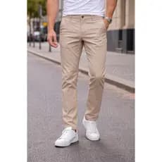Calça Sarja Masculina Chino Premium Slim com Elastano Bege Casual Luxo