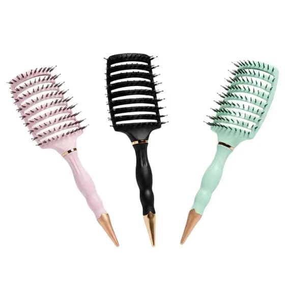 Escova Raquete Curva Vazada Premium Profissional Com Cerdas de Javali e Nylon Ponta Fina Separar Mechas Cabo Ergonômico