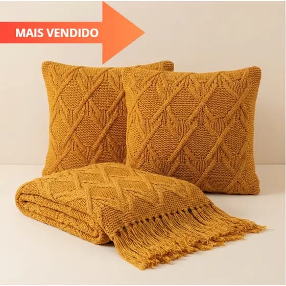 Kit Manta de Tricô + 2 Capas de Almofadas 45X45cm Sofá Poltrona Cobertor Cama 150x90cm Usufruto Decorativa Sala L6
