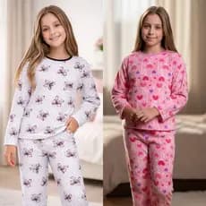 Kit 2 Pijamas Infantil Menina Soft Inverno Plush Manga Peluciado Manga Longa Conjunto sortidos