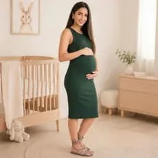 Vestido Gestante Midi Canelado Sem Manga Confortável Para Gravidez e Maternidade
