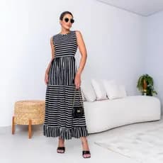 Vestido Longo Feminino Listrado Com Elastano Regata Solto Elegante Confortável Moda Evangélica Verão