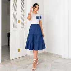 Saia Midi Feminina Tencel Chambray Jeans Leve com Babados Três Marias Cintura  Alta Confortável Elegante Moda Evangélica
